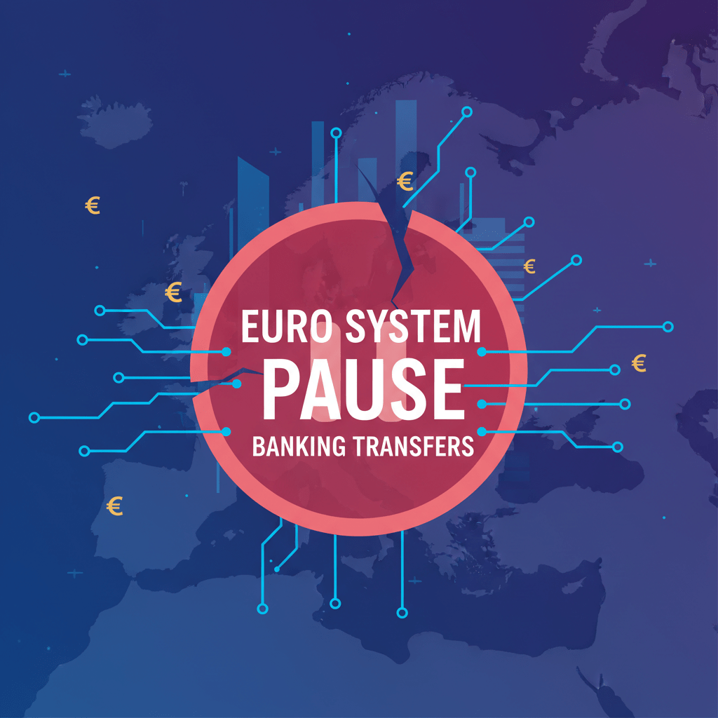 Illustration with text EURO SYSTEM PAUSE BANKING TRANSFERS displayed over a map of Europe.