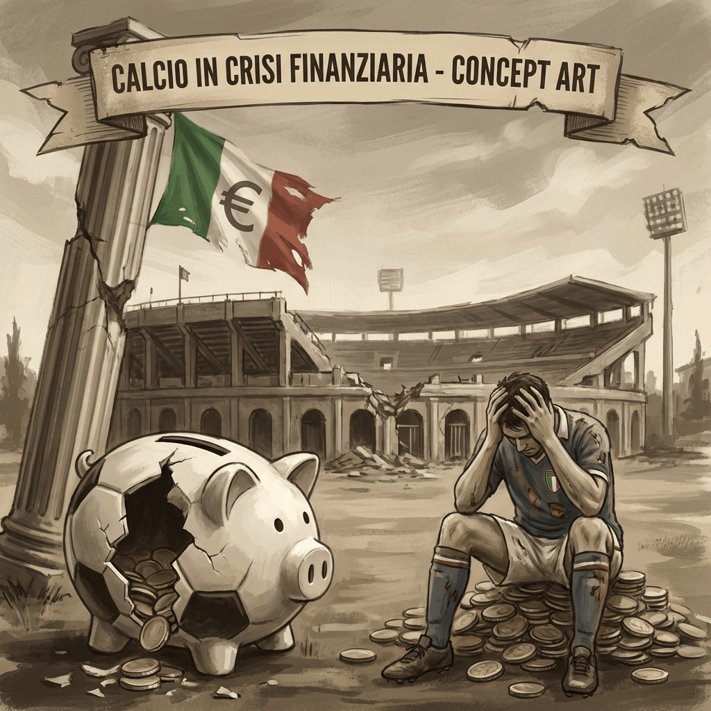 CALCIO IN CRISI FINANZIARIA - CONCEPT ART: Italian soccer player dejected beside a broken piggy bank.