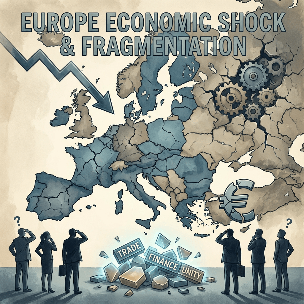 Cracked map of Europe with text: EUROPE ECONOMIC SHOCK & FRAGMENTATION. Shattered blocks read: TRADE, FINANCE, UNITY.