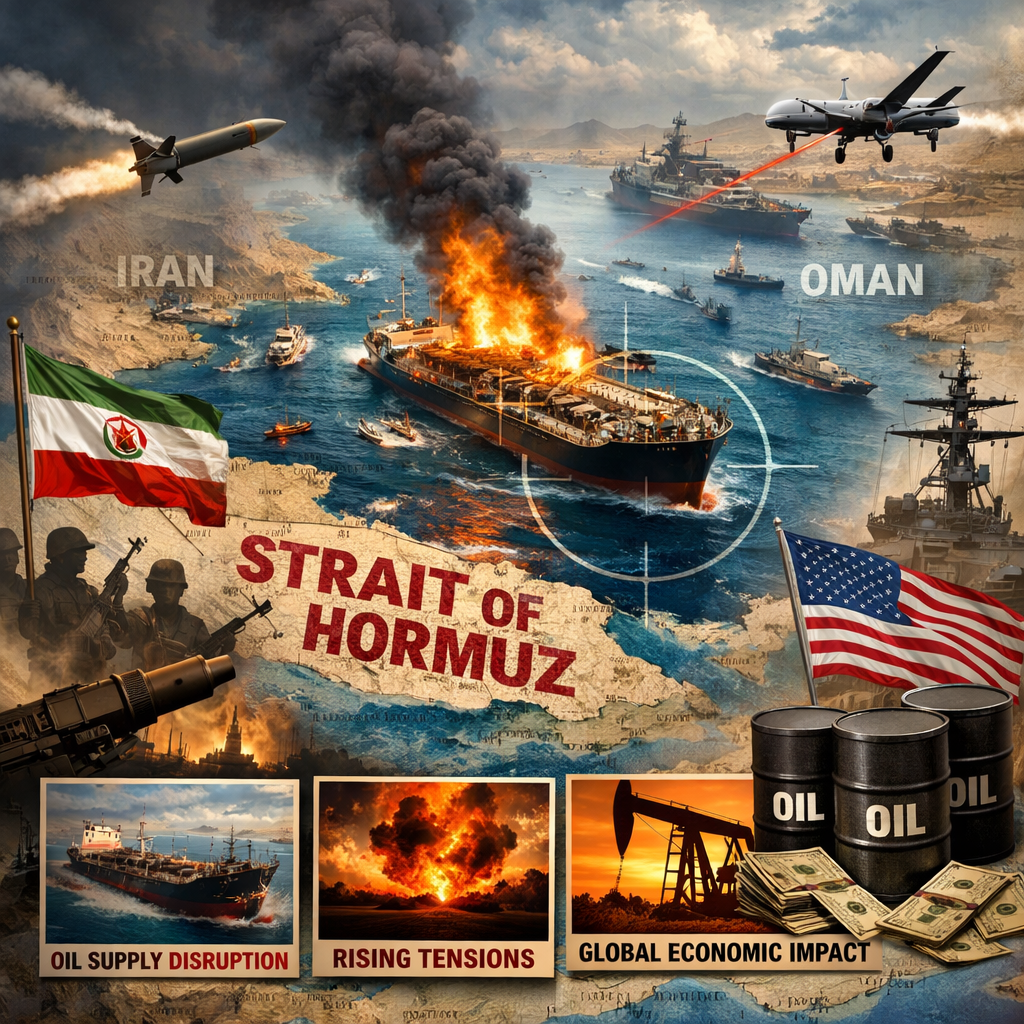 Burning oil tanker in the Strait of Hormuz with military ships, missile, drone, and flags of Iran and the United States