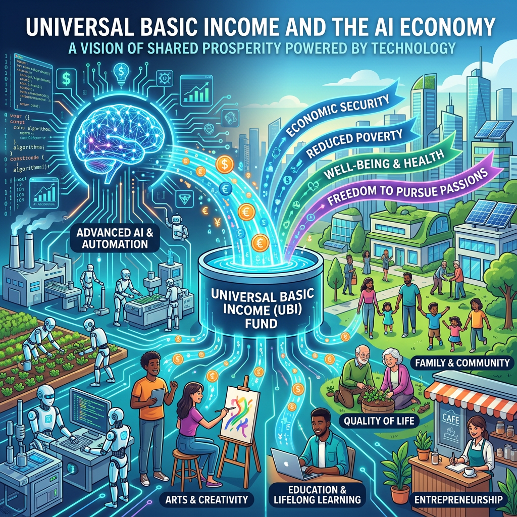 Diagram linking universal basic income fund with benefits like economic security, reduced poverty, well-being, freedom to pursue passions, and sectors like education, entrepreneurship, arts, and family.