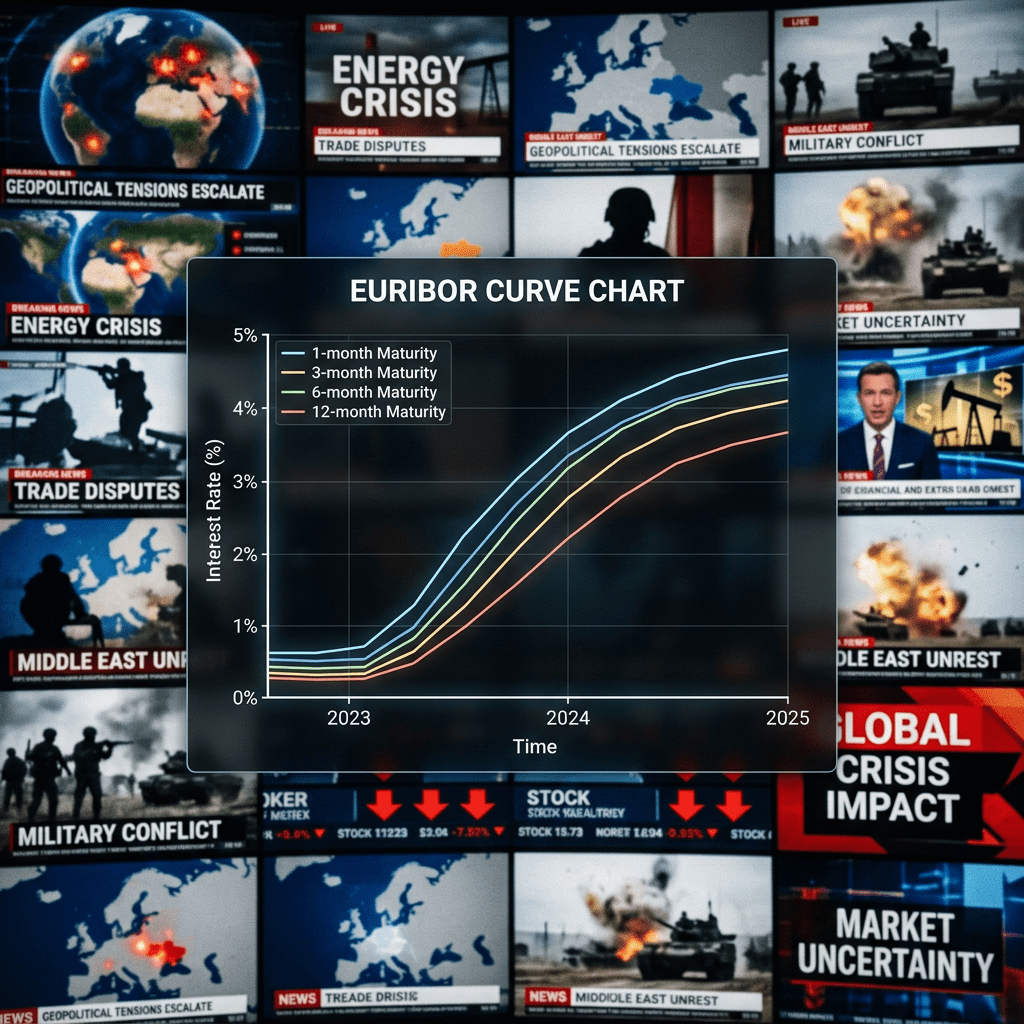 EURIBOR interest rate curves from 2023 to 2025 overlaid on multiple news screens showing geopolitical tensions, energy crisis, and military conflict