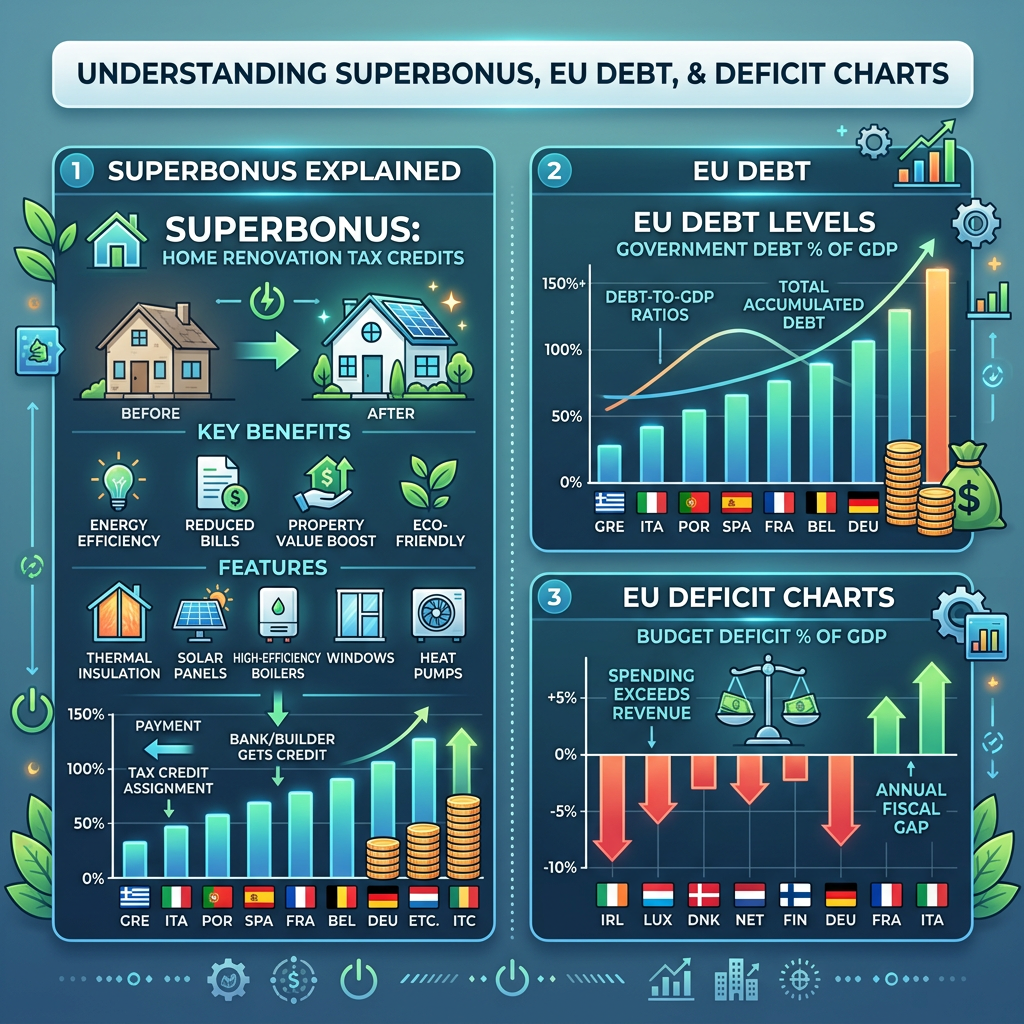 Infographic explaining Superbonus home renovation tax credits with EU debt and deficit charts