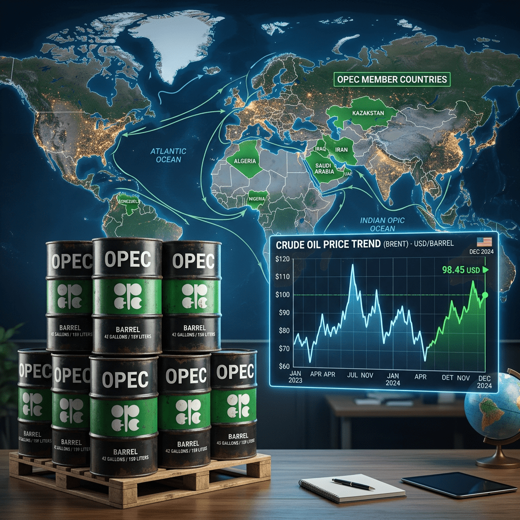Stacked OPEC oil barrels on a pallet with a world map highlighting OPEC member countries and a chart showing Brent crude oil price trends from 2023 to 2024