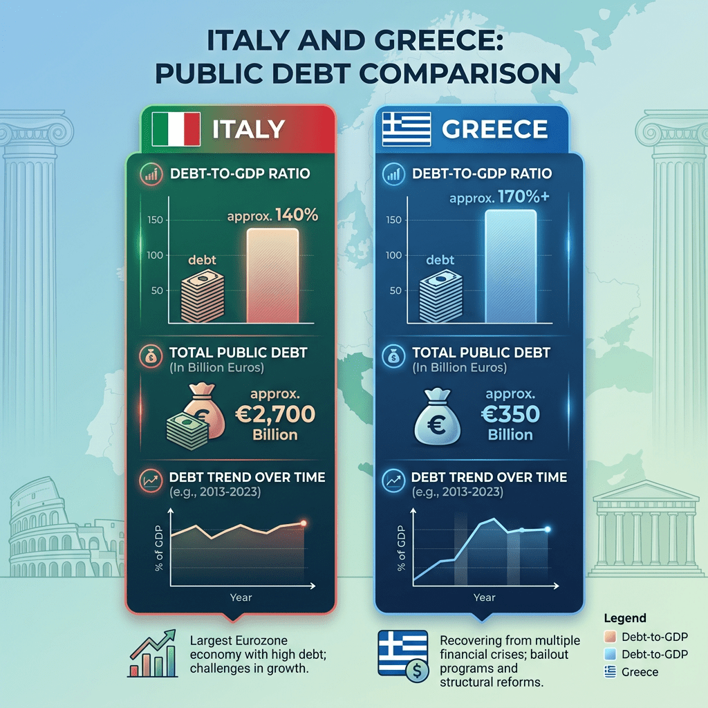 Debt-to-GDP ratio and total public debt comparison for Italy and Greece with trend graphs from 2013 to 2023