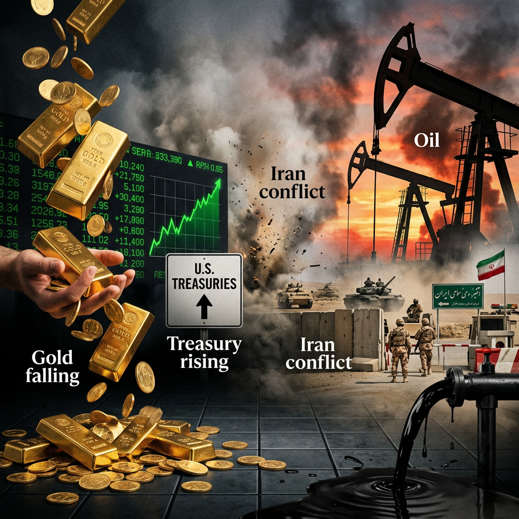 Conflict in Iran with falling gold prices, rising U.S. treasury values, and oil infrastructure