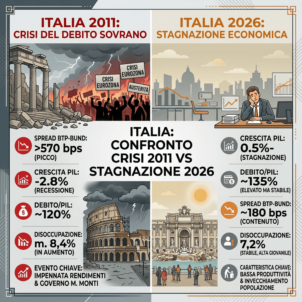 Infographic comparing Italy's 2011 sovereign debt crisis and 2026 economic stagnation with statistics and illustrations.