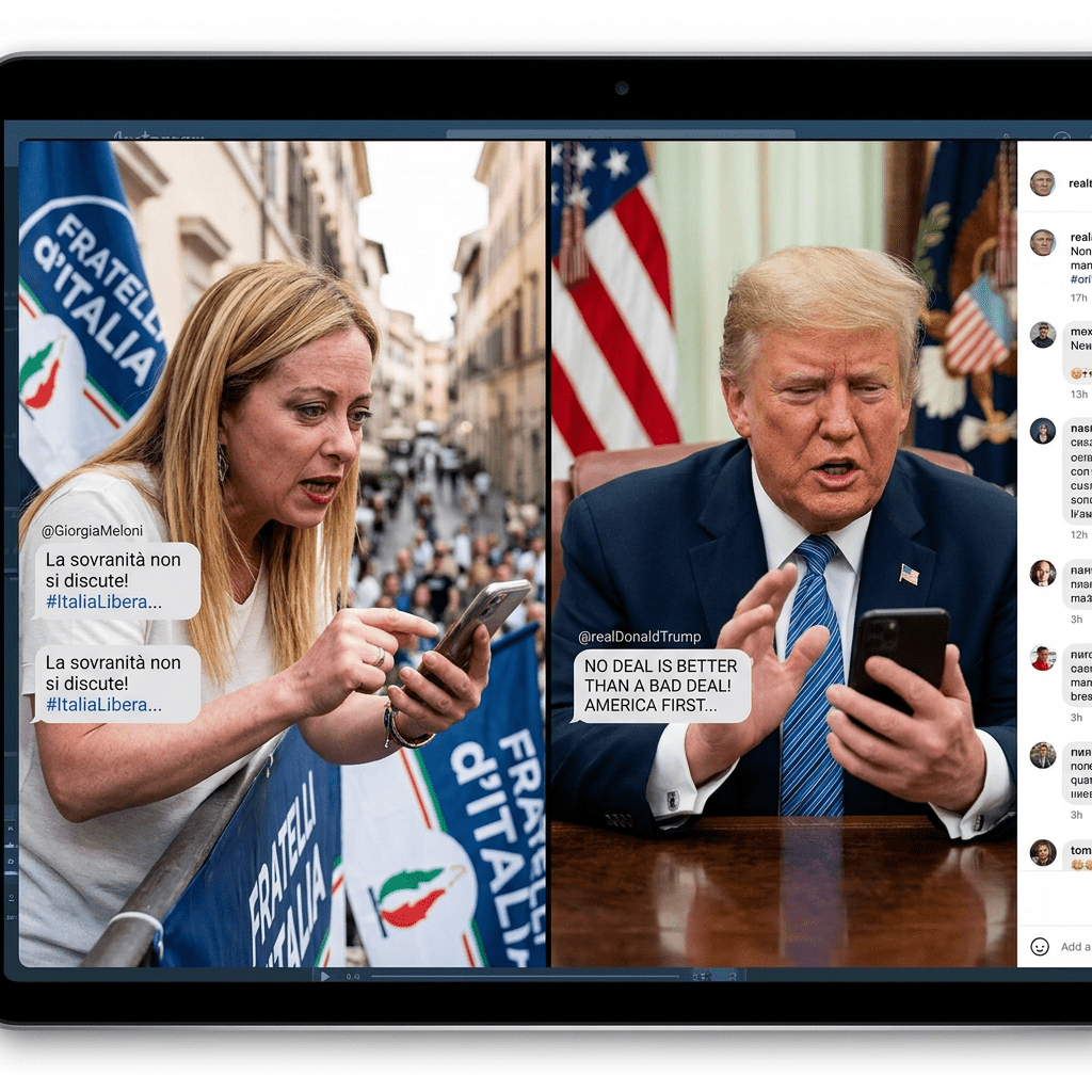 Giorgia Meloni reading phone messages about sovereignty, Donald Trump holding phone sending messages about deals